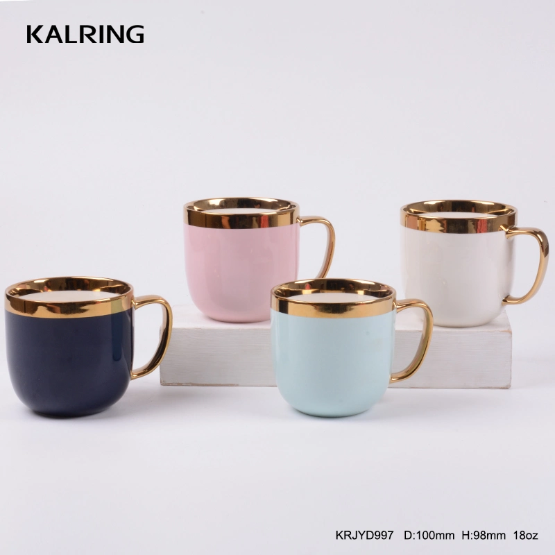 Kalring Electroplating Ceramic Shinning Solid Color Glaze Luxury Design Plate Saucer Spoon Mug for Wholesale